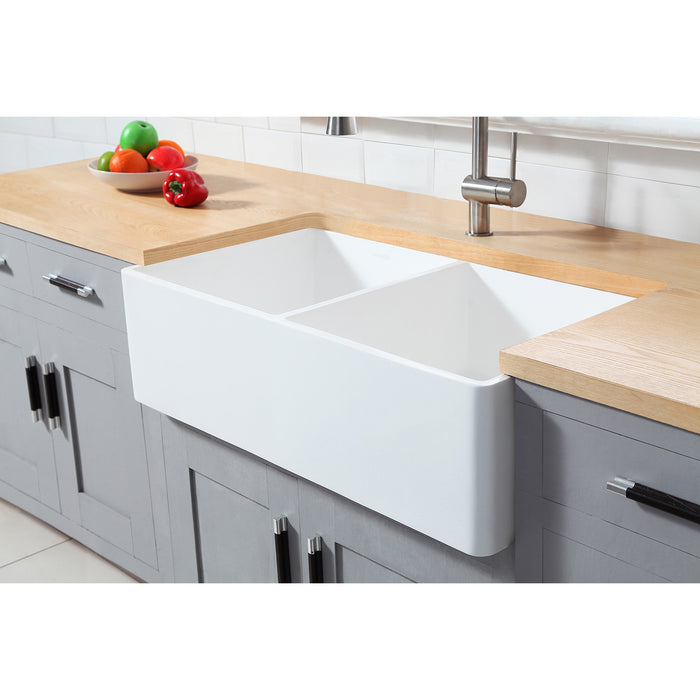 Kingston Arcticstone GKFA331810BCD 33-Inch Solid Surface White Stone Apron-Front Double Bowl Farmhouse Kitchen Sink with Strainers x 2, Matte White