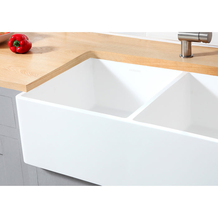 Kingston Arcticstone GKFA331810BCD 33-Inch Solid Surface White Stone Apron-Front Double Bowl Farmhouse Kitchen Sink with Strainers x 2, Matte White