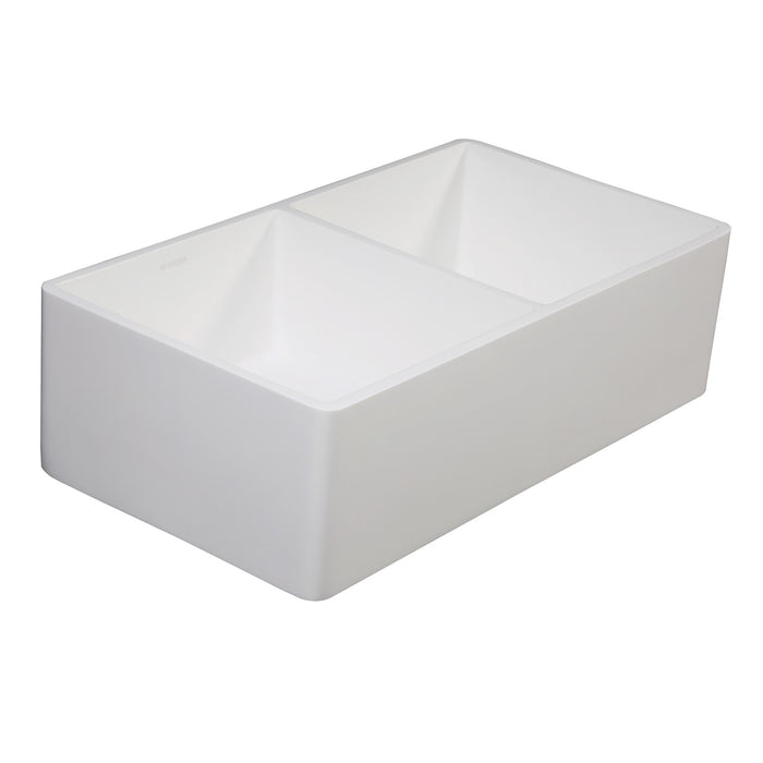 Kingston Arcticstone GKFA331810BCD 33-Inch Solid Surface White Stone Apron-Front Double Bowl Farmhouse Kitchen Sink with Strainers x 2, Matte White