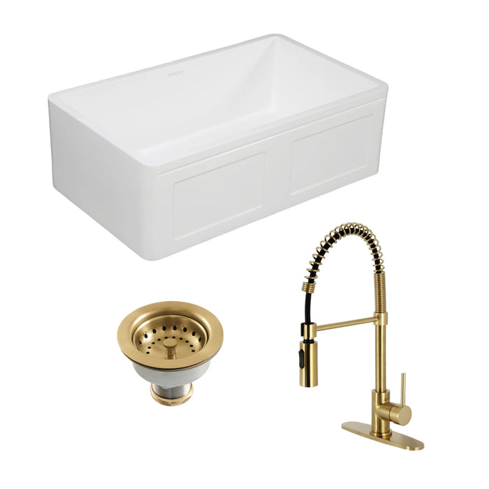 Arcticstone 33-Inch White Stone Single Bowl Farmhouse Kitchen Sink with Deck Mount Kitchen Faucet and Basket Strainer, Brushed Brass