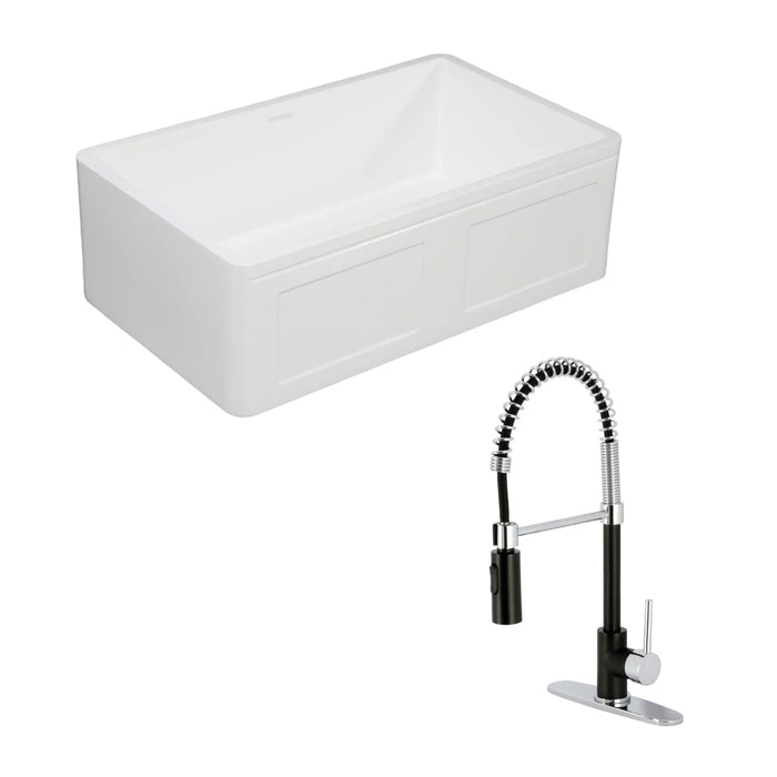 Arcticstone 33-Inch White Stone Single Bowl Farmhouse Kitchen Sink with Deck Mount Kitchen Faucet and Basket Strainer, Matte Black/Polished Chrome