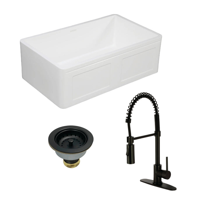 Arcticstone 33-Inch White Stone Single Bowl Farmhouse Kitchen Sink with Deck Mount Kitchen Faucet and Basket Strainer, Matte Black