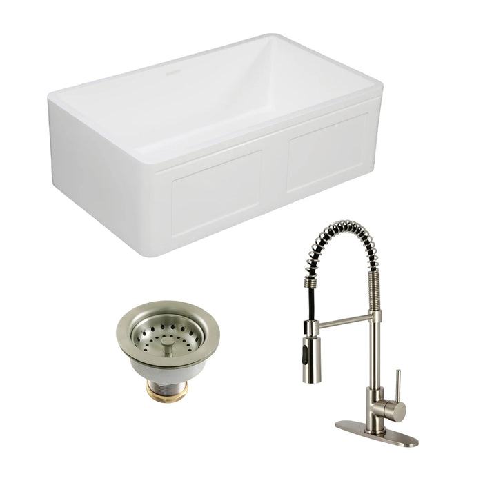 Arcticstone 33-Inch White Stone Single Bowl Farmhouse Kitchen Sink with Deck Mount Kitchen Faucet and Basket Strainer, Brushed Nickel