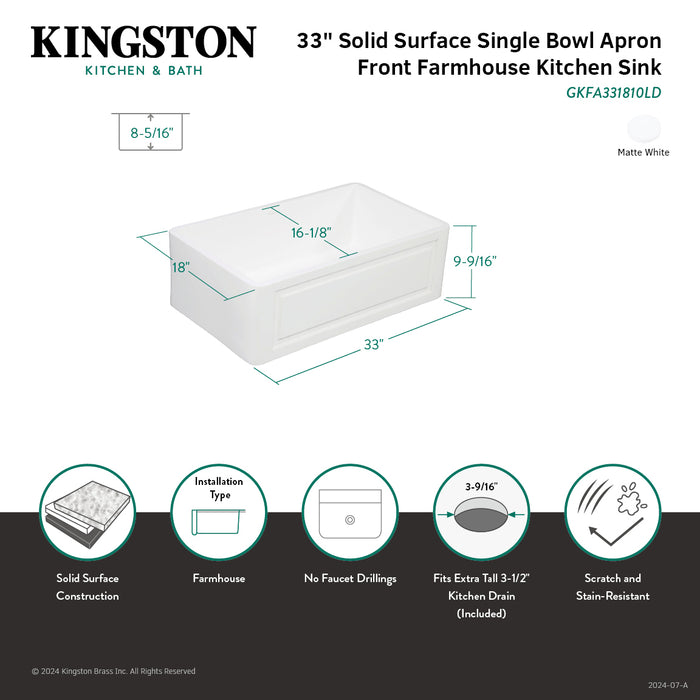 Kingston Arcticstone GKFA331810LD 33-Inch Solid Surface White Stone Apron-Front Single Bowl Farmhouse Kitchen Sink with Strainer, Matte White