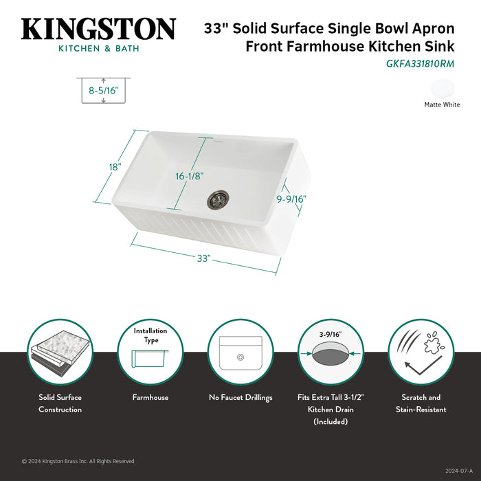 Arcticstone GKFA331810RM 33-Inch Solid Surface White Stone Apron-Front Single Bowl Farmhouse Kitchen Sink with Strainer, Matte White
