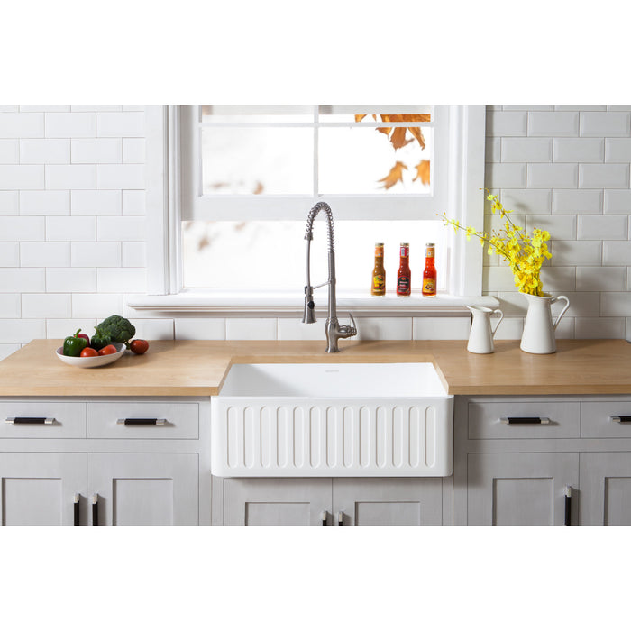 Kingston Arcticstone GKFA331810RM 33-Inch Solid Surface White Stone Apron-Front Single Bowl Farmhouse Kitchen Sink with Strainer, Matte White