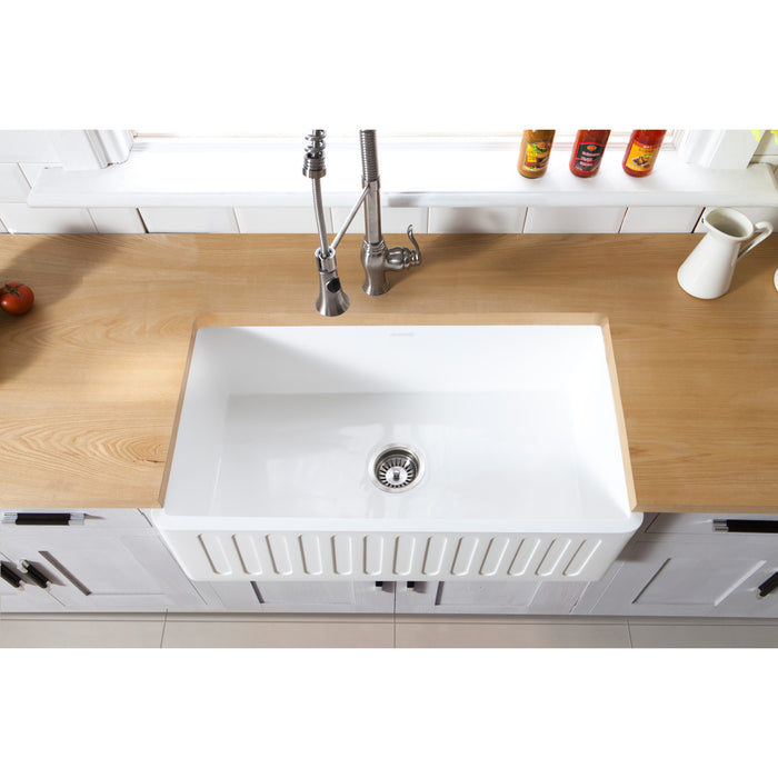 Kingston Arcticstone GKFA331810RM 33-Inch Solid Surface White Stone Apron-Front Single Bowl Farmhouse Kitchen Sink with Strainer, Matte White