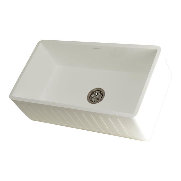 Kingston Arcticstone GKFA331810RM 33-Inch Solid Surface White Stone Apron-Front Single Bowl Farmhouse Kitchen Sink with Strainer, Matte White