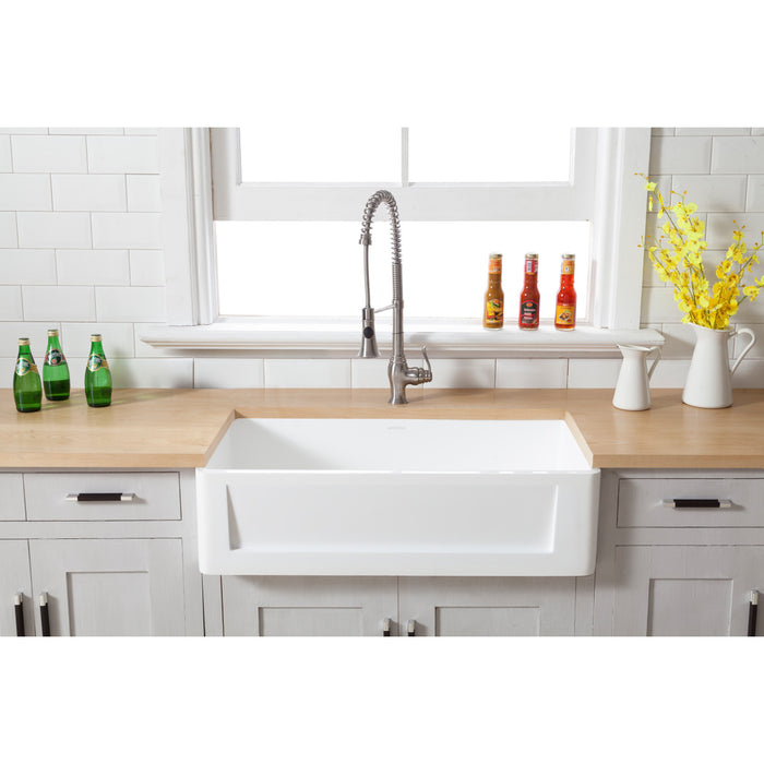 Arcticstone GKFA331810SQ 33-Inch Solid Surface White Stone Apron-Front Single Bowl Farmhouse Kitchen Sink with Strainer, Matte White
