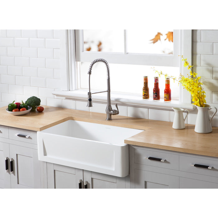 Arcticstone GKFA331810SQ 33-Inch Solid Surface White Stone Apron-Front Single Bowl Farmhouse Kitchen Sink with Strainer, Matte White