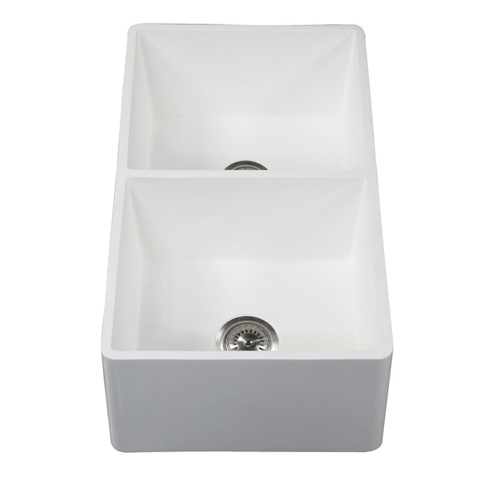Kingston Arcticstone GKFA331810SQD 33-Inch Solid Surface White Stone Apron-Front Double Bowl Farmhouse Kitchen Sink with Strainers x 2, Matte White