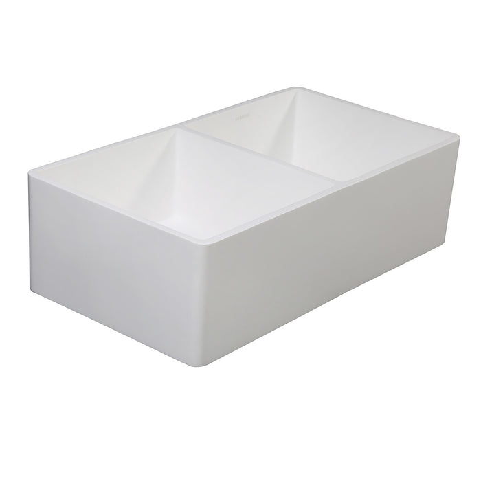 Kingston Arcticstone GKFA331810SQD 33-Inch Solid Surface White Stone Apron-Front Double Bowl Farmhouse Kitchen Sink with Strainers x 2, Matte White