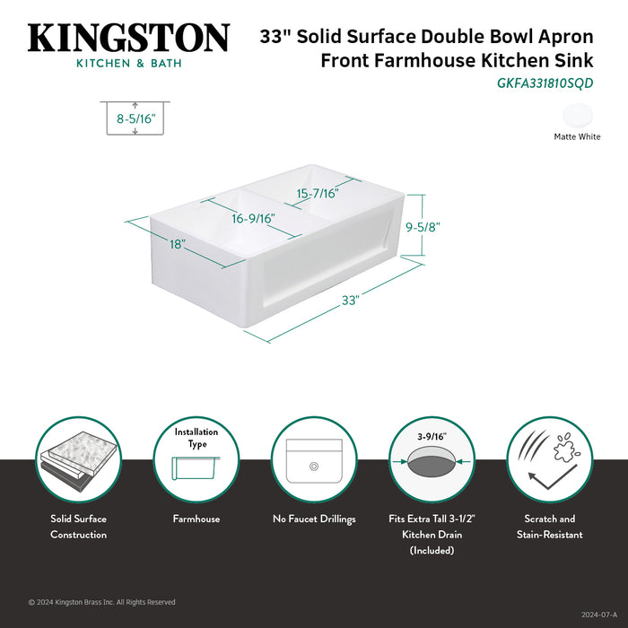 Kingston Arcticstone GKFA331810SQD 33-Inch Solid Surface White Stone Apron-Front Double Bowl Farmhouse Kitchen Sink with Strainers x 2, Matte White