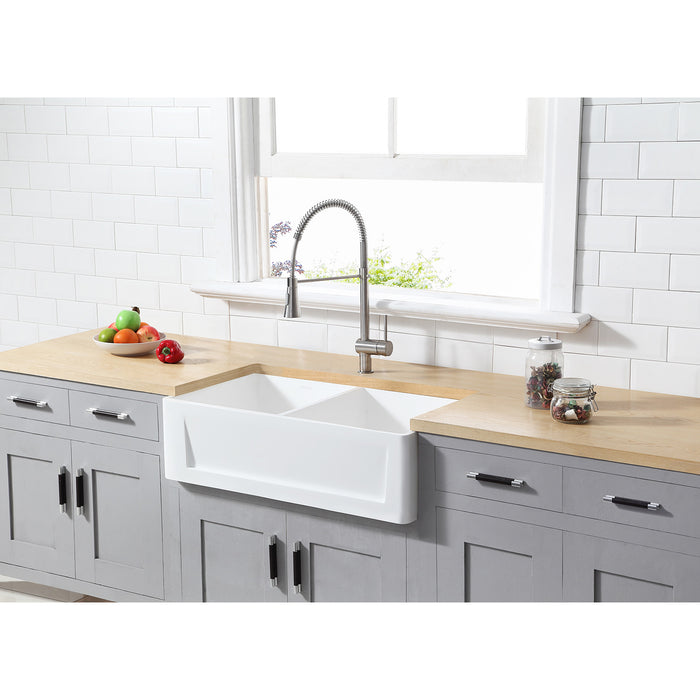 Kingston Arcticstone GKFA331810SQD 33-Inch Solid Surface White Stone Apron-Front Double Bowl Farmhouse Kitchen Sink with Strainers x 2, Matte White