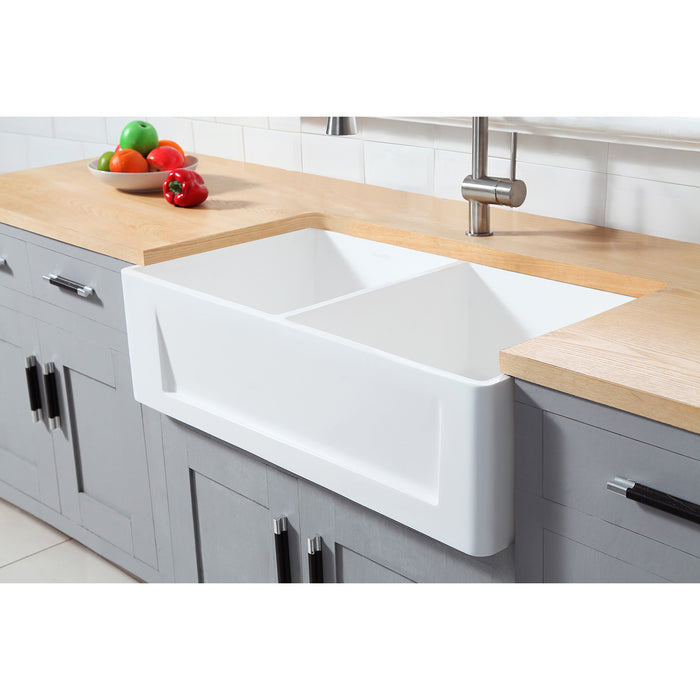 Kingston Arcticstone GKFA331810SQD 33-Inch Solid Surface White Stone Apron-Front Double Bowl Farmhouse Kitchen Sink with Strainers x 2, Matte White