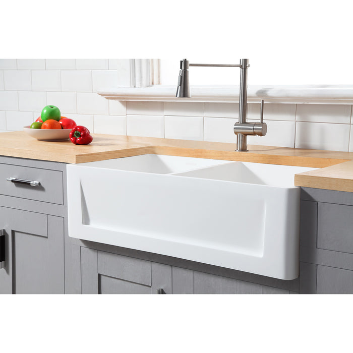 Kingston Arcticstone GKFA331810SQD 33-Inch Solid Surface White Stone Apron-Front Double Bowl Farmhouse Kitchen Sink with Strainers x 2, Matte White