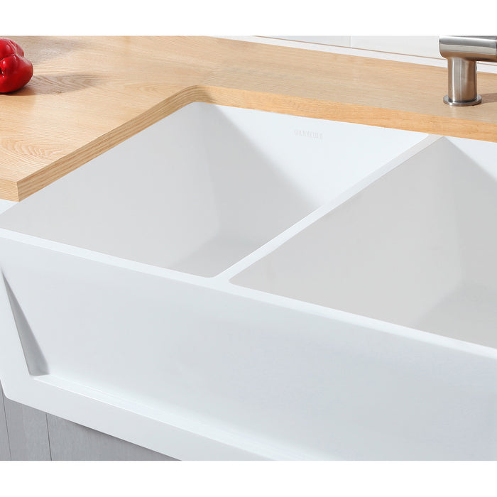Kingston Arcticstone GKFA331810SQD 33-Inch Solid Surface White Stone Apron-Front Double Bowl Farmhouse Kitchen Sink with Strainers x 2, Matte White