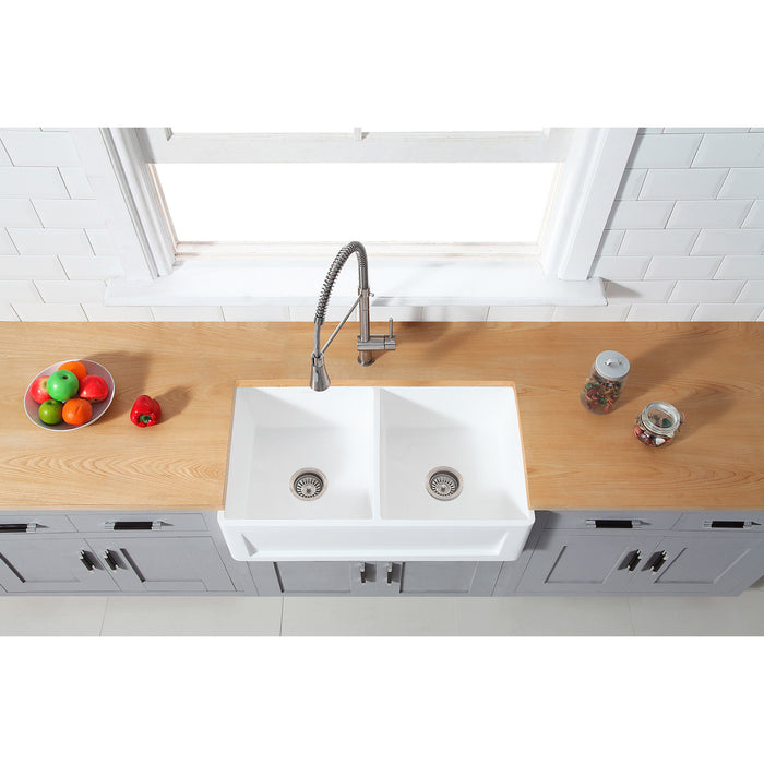 Kingston Arcticstone GKFA331810SQD 33-Inch Solid Surface White Stone Apron-Front Double Bowl Farmhouse Kitchen Sink with Strainers x 2, Matte White