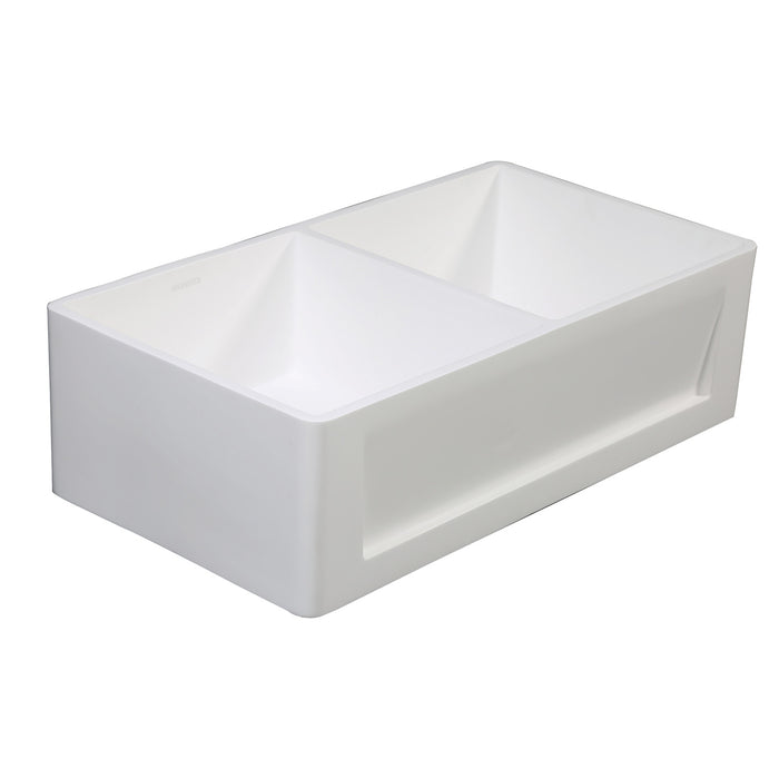 Kingston Arcticstone GKFA331810SQD 33-Inch Solid Surface White Stone Apron-Front Double Bowl Farmhouse Kitchen Sink with Strainers x 2, Matte White