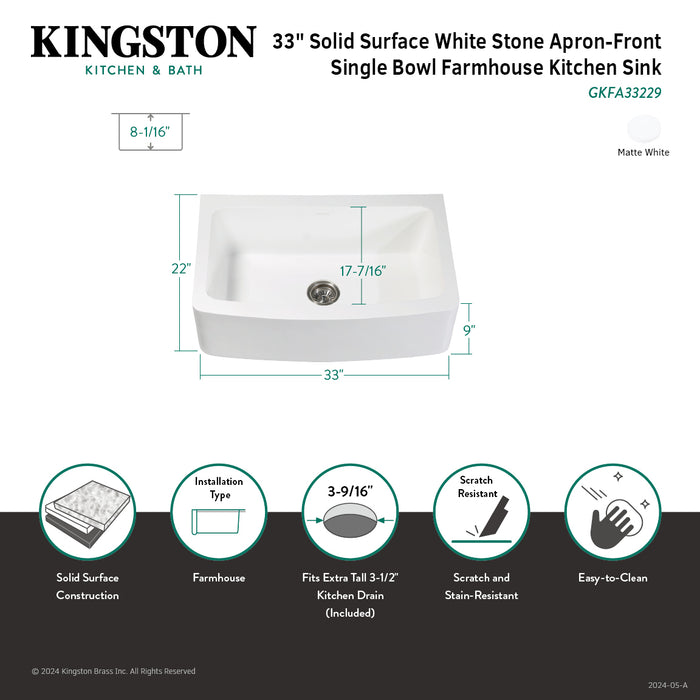 Arcticstone GKFA33229 33-Inch Solid Surface White Stone Apron-Front Single Bowl Farmhouse Kitchen Sink with Strainer, Matte White