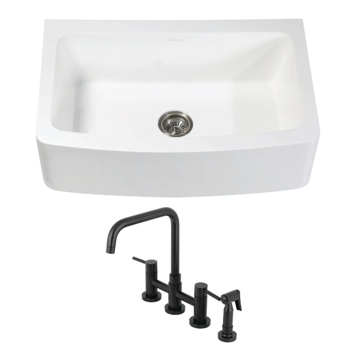 Arcticstone 33-Inch White Stone Single Bowl Farmhouse Kitchen Sink with Deck Mount Bridge Kitchen Faucet with Side Sprayer and Basket Strainer, Matte Black