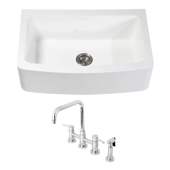 Arcticstone 33-Inch White Stone Single Bowl Farmhouse Kitchen Sink with Deck Mount Bridge Kitchen Faucet with Side Sprayer and Basket Strainer, Polished Chrome