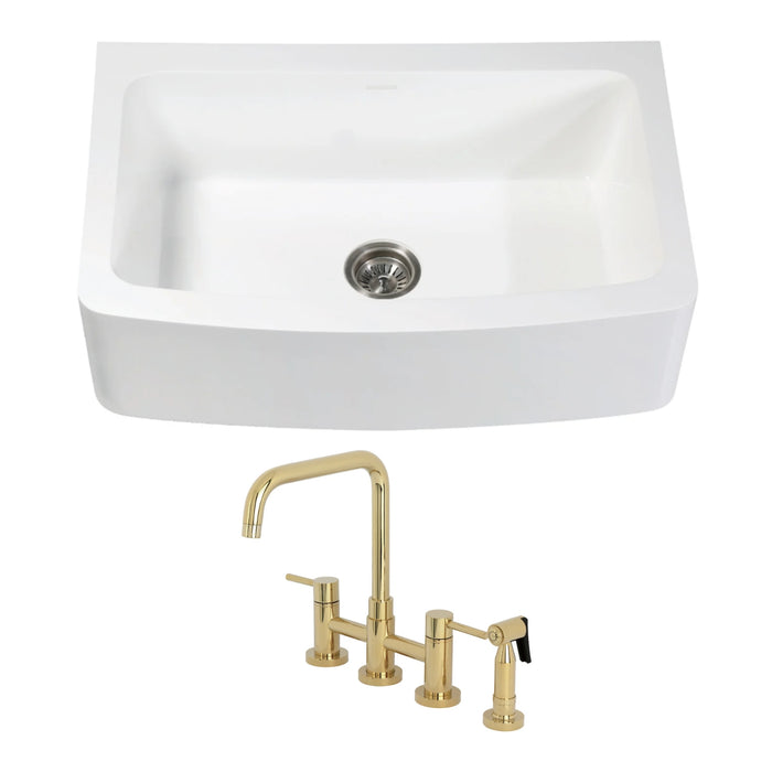 Arcticstone 33-Inch White Stone Single Bowl Farmhouse Kitchen Sink with Deck Mount Bridge Kitchen Faucet with Side Sprayer and Basket Strainer, Polished Brass