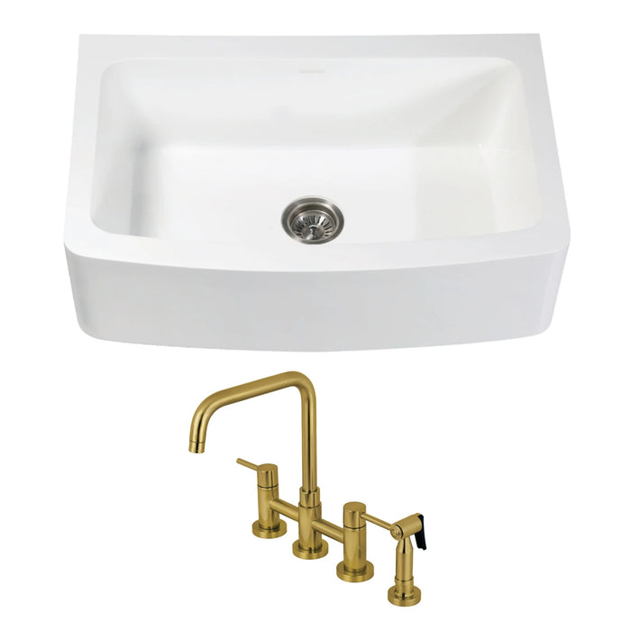 Arcticstone 33-Inch White Stone Single Bowl Farmhouse Kitchen Sink with Deck Mount Bridge Kitchen Faucet with Side Sprayer and Basket Strainer, Brushed Brass