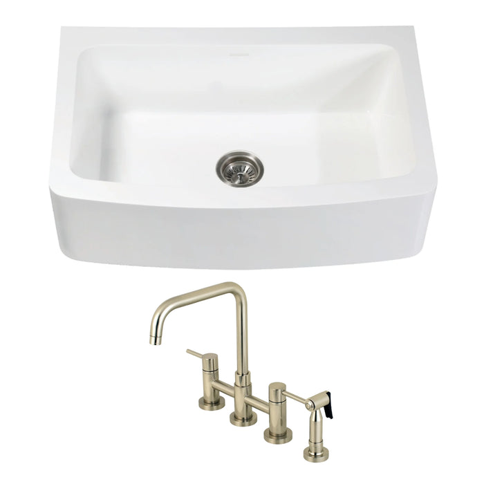 Arcticstone 33-Inch White Stone Single Bowl Farmhouse Kitchen Sink with Deck Mount Bridge Kitchen Faucet with Side Sprayer and Basket Strainer, Brushed Brass