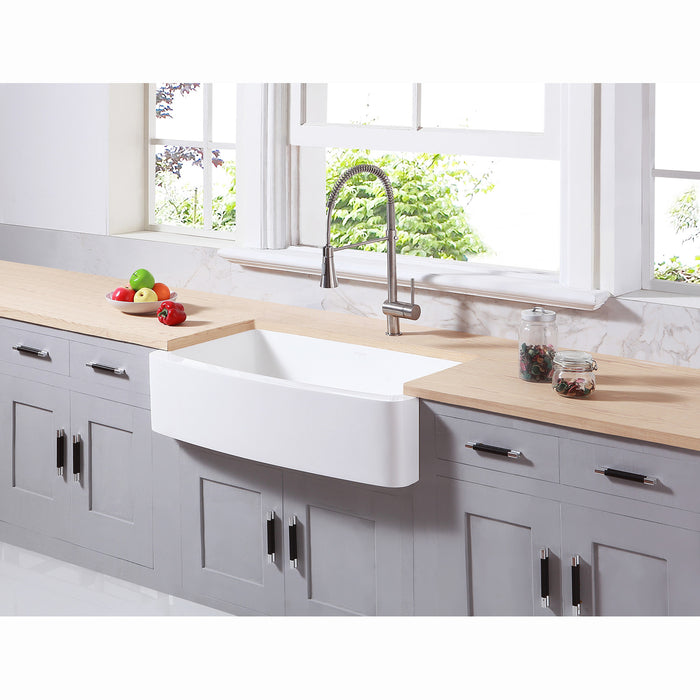 Arcticstone GKFA33229 33-Inch Solid Surface White Stone Apron-Front Single Bowl Farmhouse Kitchen Sink with Strainer, Matte White