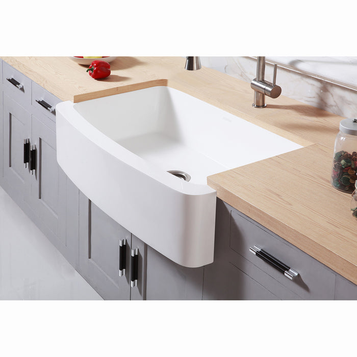 Arcticstone GKFA33229 33-Inch Solid Surface White Stone Apron-Front Single Bowl Farmhouse Kitchen Sink with Strainer, Matte White