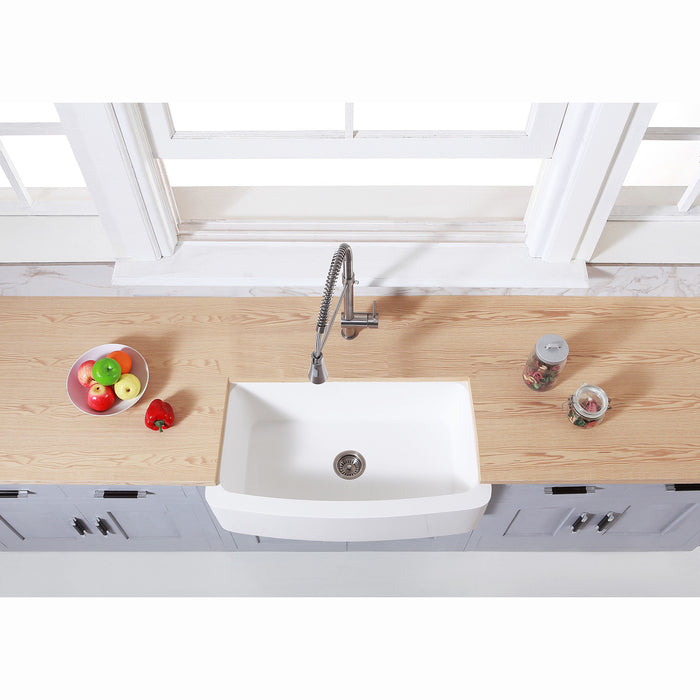 Arcticstone GKFA33229 33-Inch Solid Surface White Stone Apron-Front Single Bowl Farmhouse Kitchen Sink with Strainer, Matte White