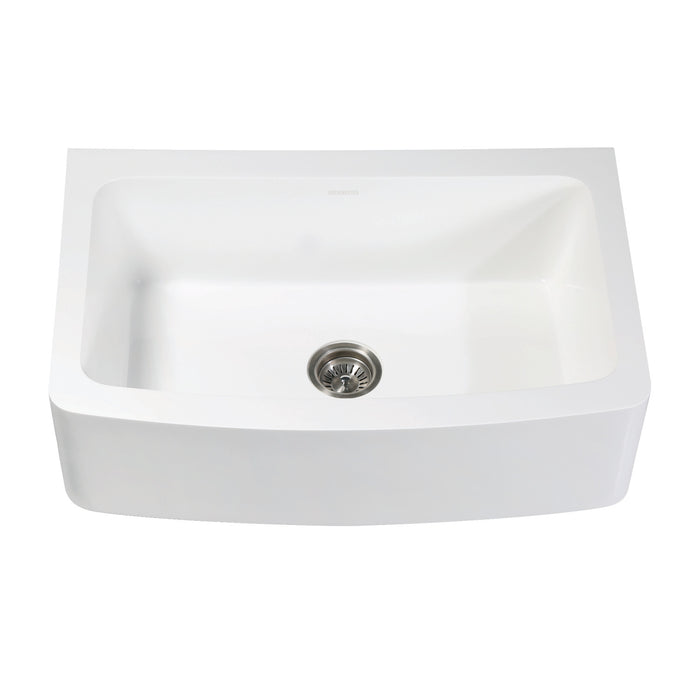 Arcticstone GKFA33229 33-Inch Solid Surface White Stone Apron-Front Single Bowl Farmhouse Kitchen Sink with Strainer, Matte White