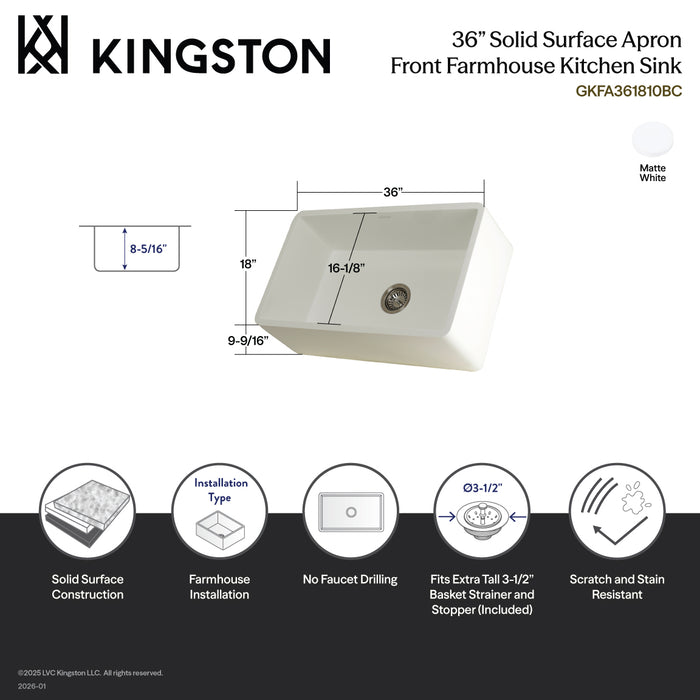 Kingston Tulare GKFA361810BC - Arcticstone 36-Inch Solid Surface White Stone Apron-Front Single Bowl Farmhouse Kitchen Sink with Strainer, Matte White