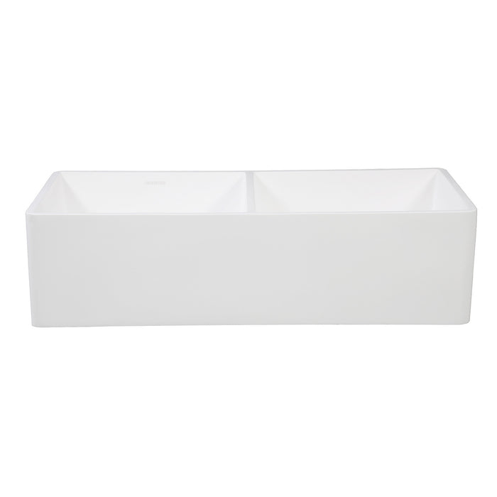 Kingston Arcticstone GKFA361810BCD 36-Inch Solid Surface White Stone Apron-Front Double Bowl Farmhouse Kitchen Sink with Strainers x 2, Matte White