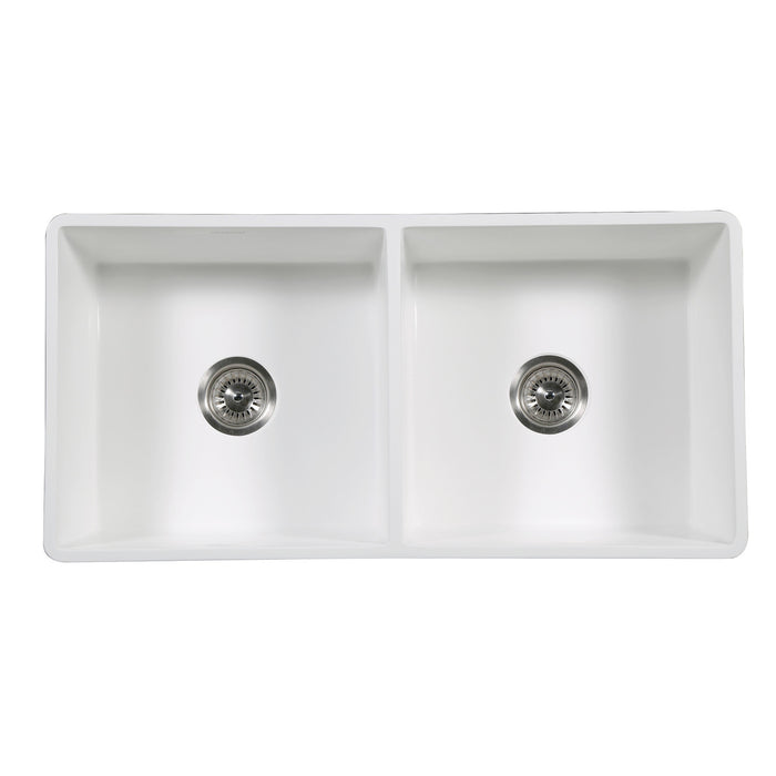 Kingston Arcticstone GKFA361810BCD 36-Inch Solid Surface White Stone Apron-Front Double Bowl Farmhouse Kitchen Sink with Strainers x 2, Matte White
