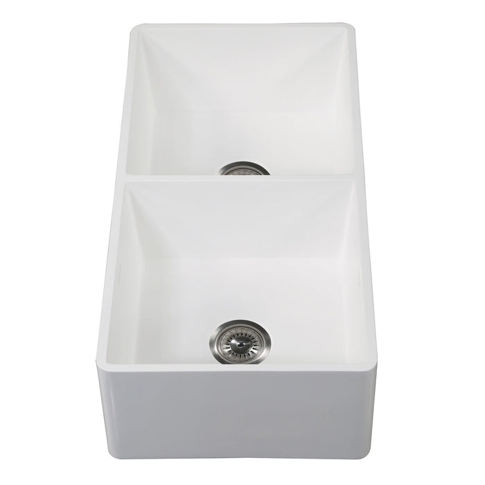 Kingston Arcticstone GKFA361810BCD 36-Inch Solid Surface White Stone Apron-Front Double Bowl Farmhouse Kitchen Sink with Strainers x 2, Matte White