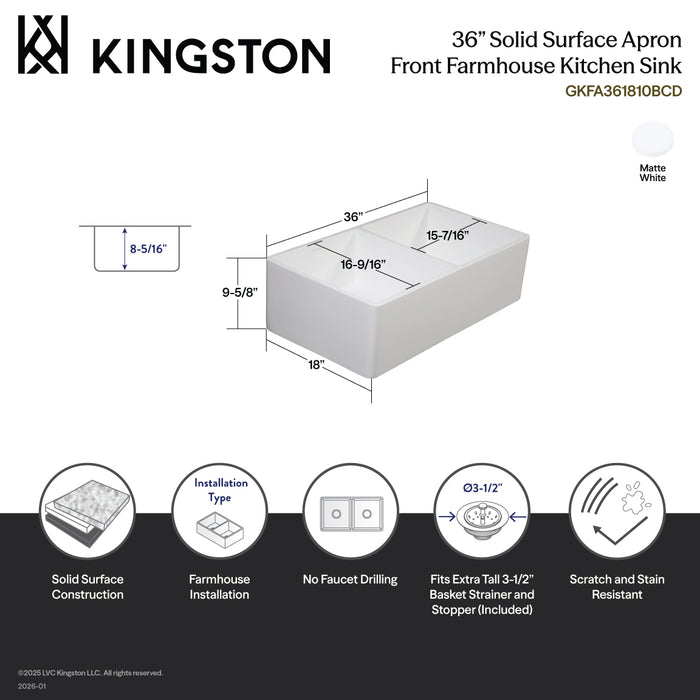 Kingston Arcticstone GKFA361810BCD 36-Inch Solid Surface White Stone Apron-Front Double Bowl Farmhouse Kitchen Sink with Strainers x 2, Matte White