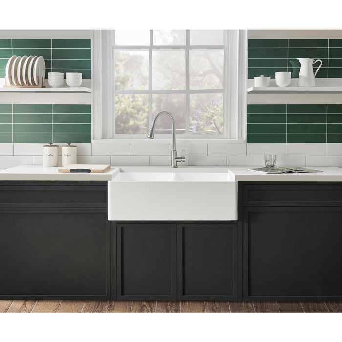 Kingston Arcticstone GKFA361810BCD 36-Inch Solid Surface White Stone Apron-Front Double Bowl Farmhouse Kitchen Sink with Strainers x 2, Matte White