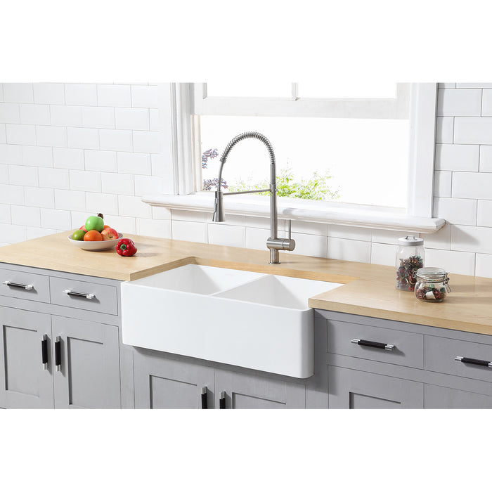 Kingston Arcticstone GKFA361810BCD 36-Inch Solid Surface White Stone Apron-Front Double Bowl Farmhouse Kitchen Sink with Strainers x 2, Matte White