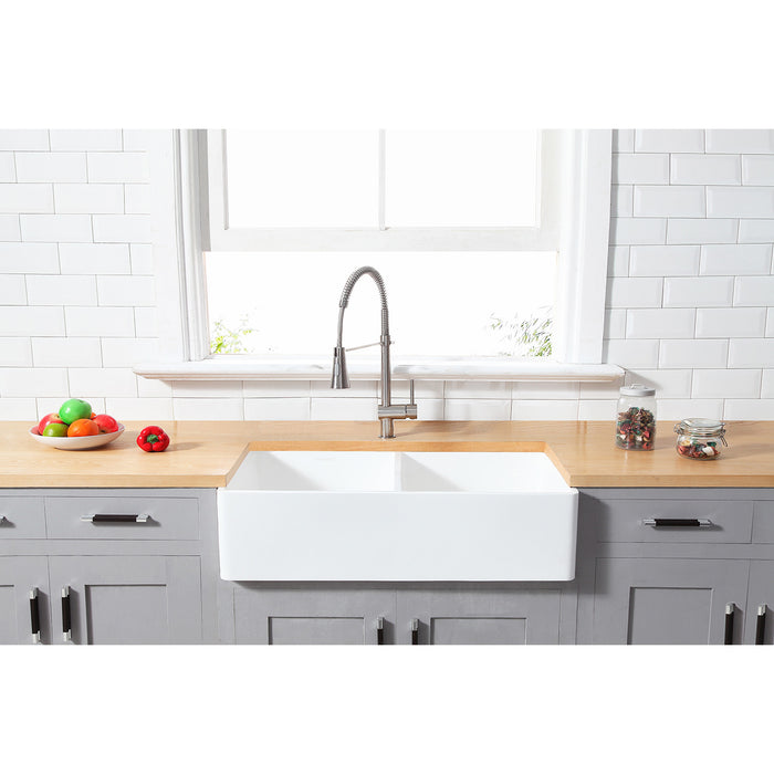 Kingston Arcticstone GKFA361810BCD 36-Inch Solid Surface White Stone Apron-Front Double Bowl Farmhouse Kitchen Sink with Strainers x 2, Matte White