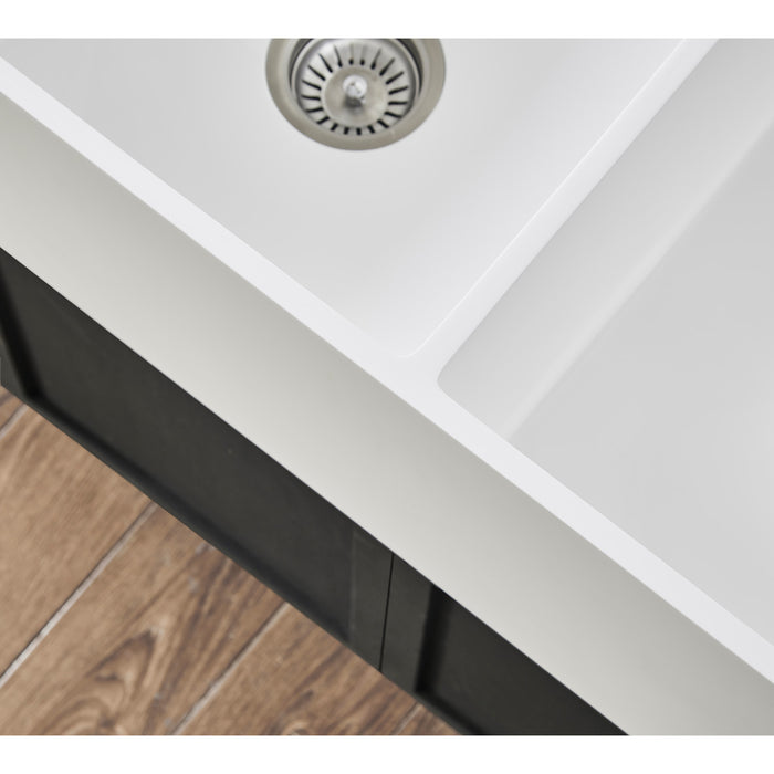 Kingston Arcticstone GKFA361810BCD 36-Inch Solid Surface White Stone Apron-Front Double Bowl Farmhouse Kitchen Sink with Strainers x 2, Matte White