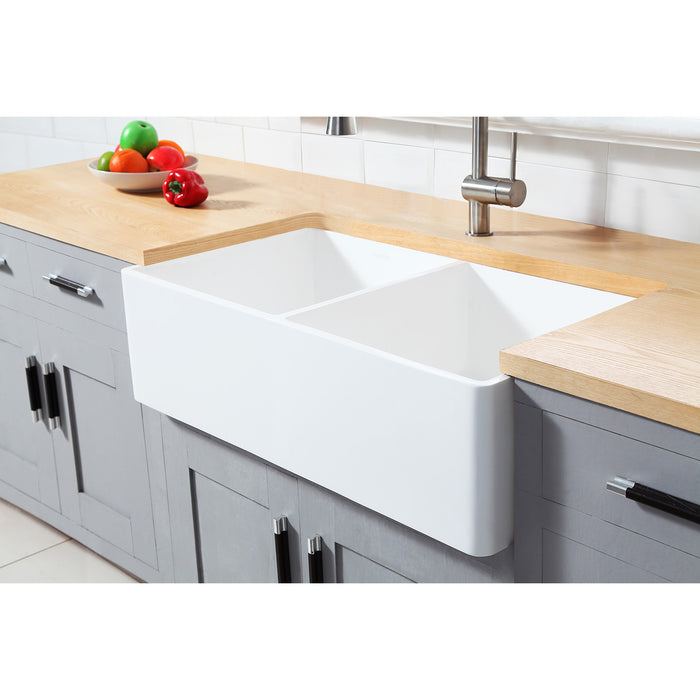 Kingston Arcticstone GKFA361810BCD 36-Inch Solid Surface White Stone Apron-Front Double Bowl Farmhouse Kitchen Sink with Strainers x 2, Matte White