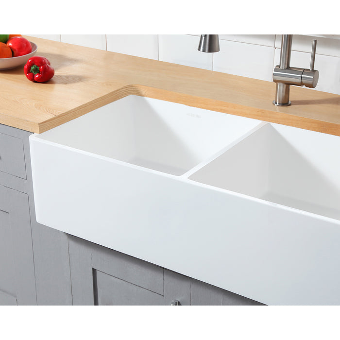 Kingston Arcticstone GKFA361810BCD 36-Inch Solid Surface White Stone Apron-Front Double Bowl Farmhouse Kitchen Sink with Strainers x 2, Matte White