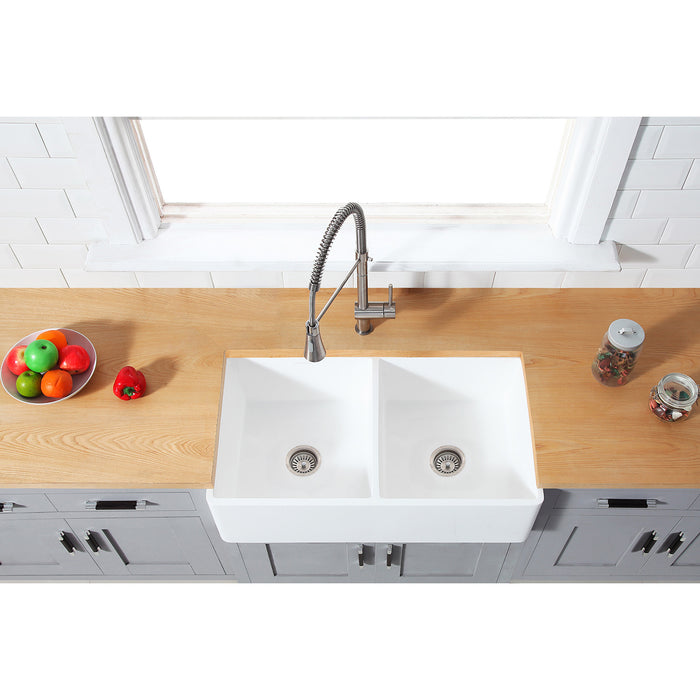 Kingston Arcticstone GKFA361810BCD 36-Inch Solid Surface White Stone Apron-Front Double Bowl Farmhouse Kitchen Sink with Strainers x 2, Matte White
