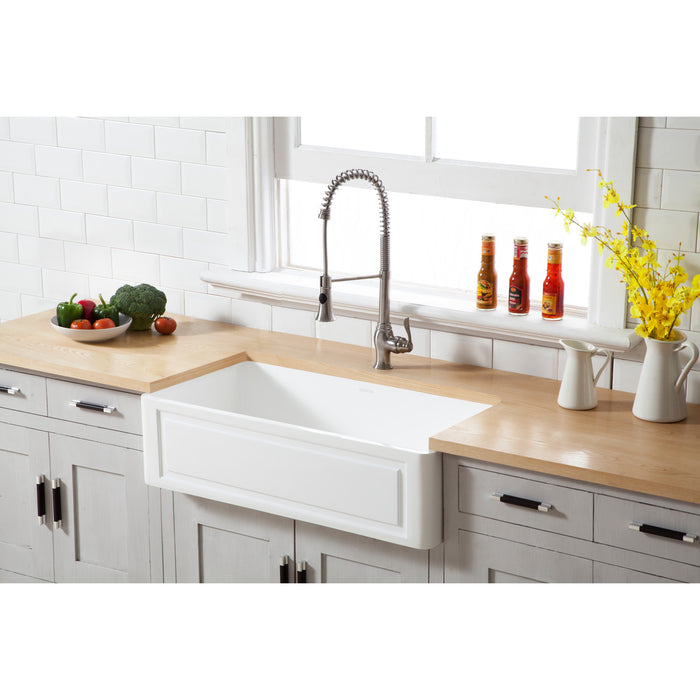 Kingston Arcticstone GKFA361810LD 36-Inch Solid Surface White Stone Apron-Front Single Bowl Farmhouse Kitchen Sink with Strainer, Matte White