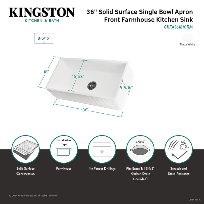 Kingston Arcticstone GKFA361810RM 36-Inch Solid Surface White Stone Apron-Front Single Bowl Farmhouse Kitchen Sink with Strainer, Matte White
