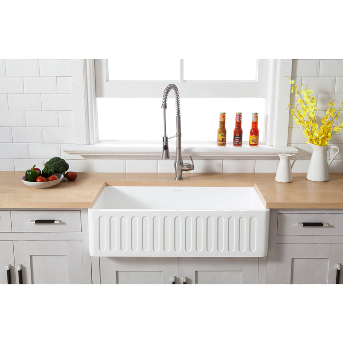 Kingston Arcticstone GKFA361810RM 36-Inch Solid Surface White Stone Apron-Front Single Bowl Farmhouse Kitchen Sink with Strainer, Matte White