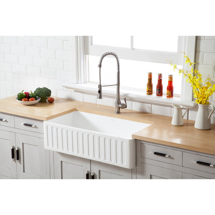 Kingston Arcticstone GKFA361810RM 36-Inch Solid Surface White Stone Apron-Front Single Bowl Farmhouse Kitchen Sink with Strainer, Matte White