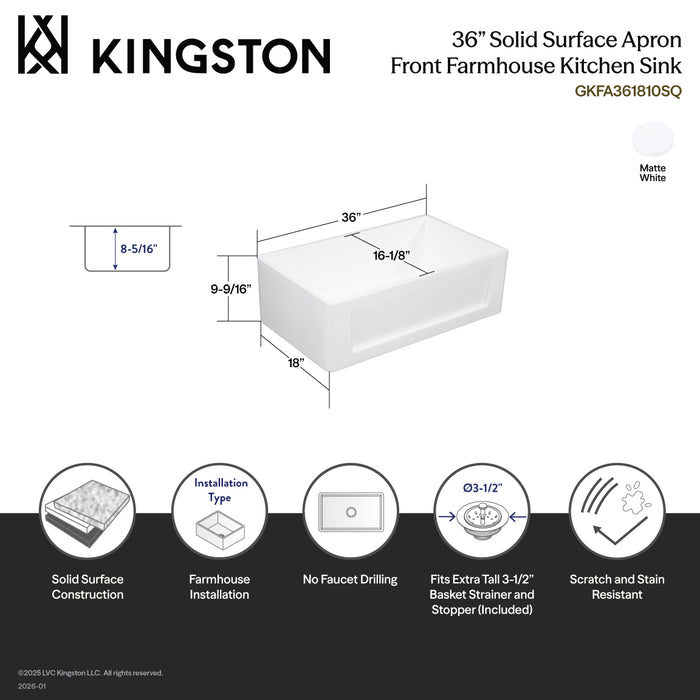 Kingston Arcticstone GKFA361810SQ 36-Inch Solid Surface White Stone Apron-Front Single Bowl Farmhouse Kitchen Sink with Strainer, Matte White